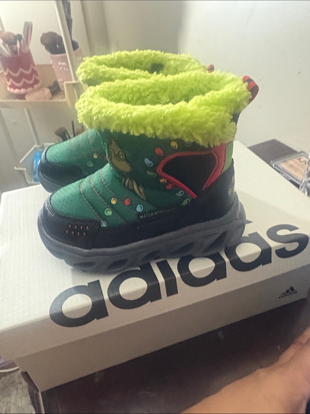 Dr. Seuss Kids Bright Green and Neon Yellow Fuzzy Boots